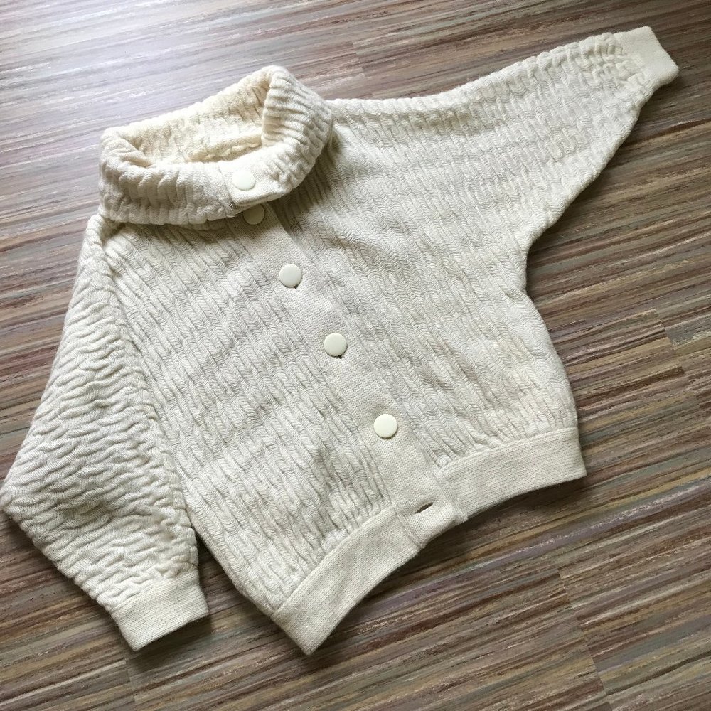 Textured Chunky Knit Wool Blend Dolman Cardigan Vintage 90s Button Front Ivory